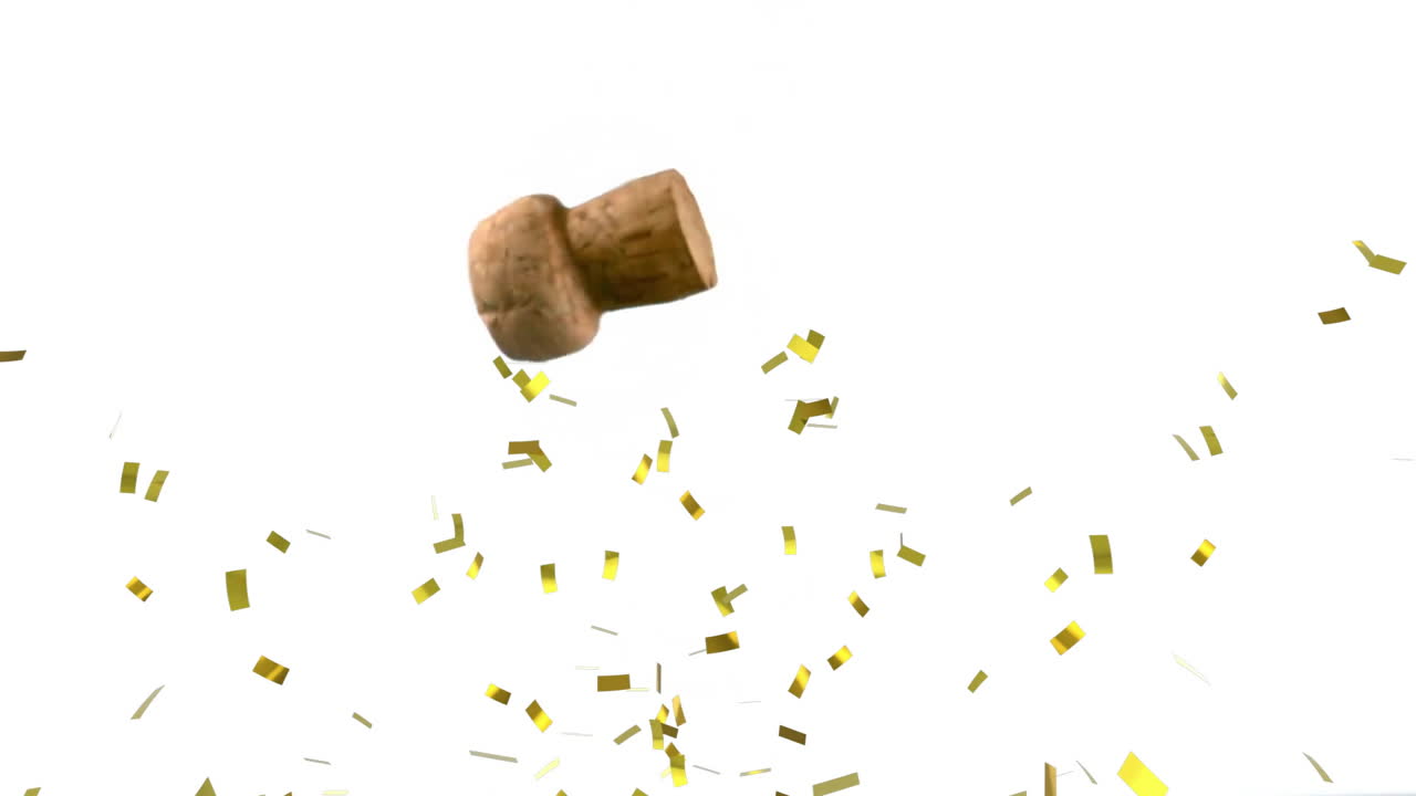 Animation of cork of champagne and confetti on white background