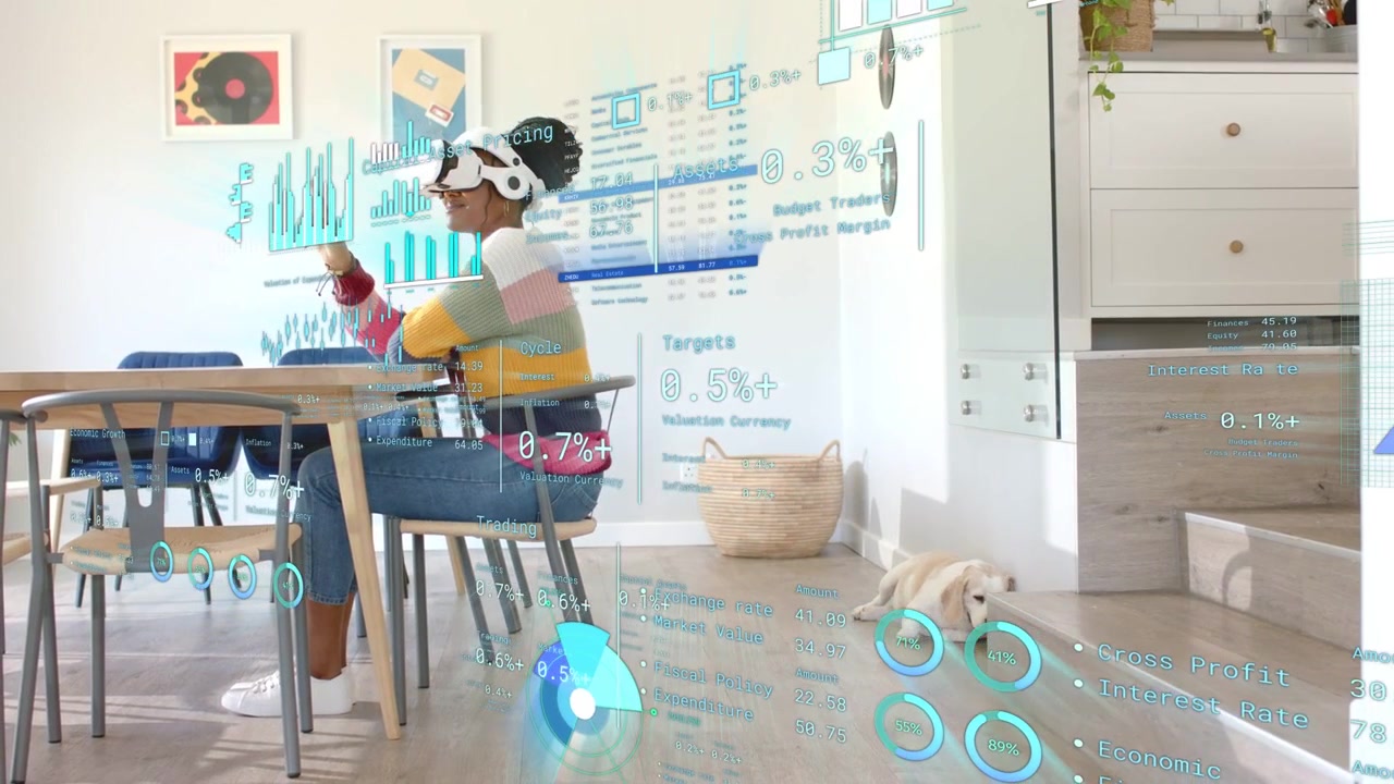 Vertical video: AR headset starting AR UI woman in sweater at table tapping charts for data review