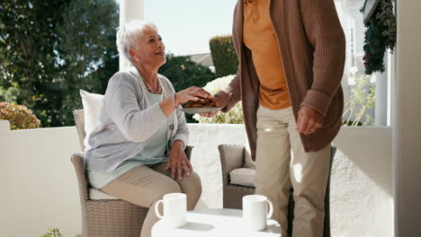 senior couple, love and relax with coffee