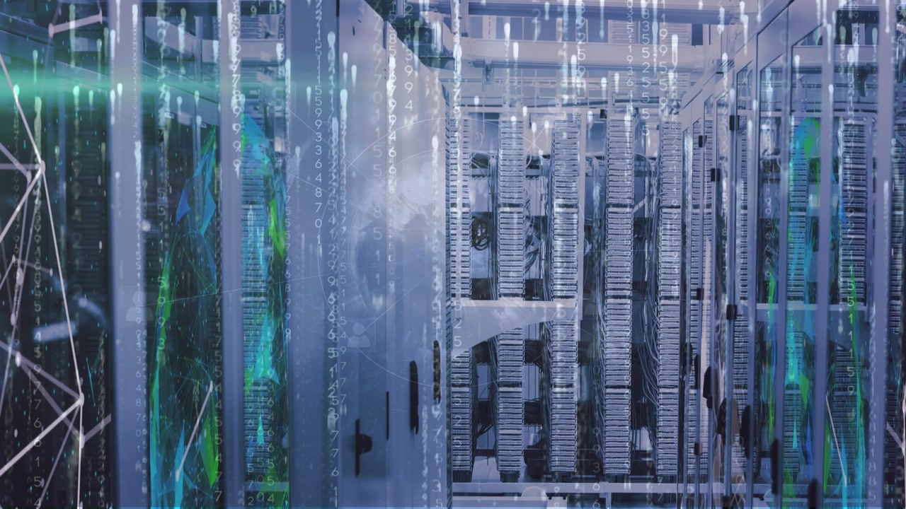 Animation of shapes and falling lights over servers
