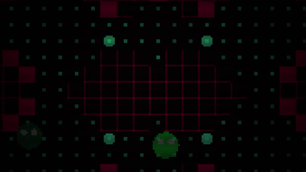 Gioco Retrò Pixel Art con Fantasmi Verdi in Movimento su una Griglia