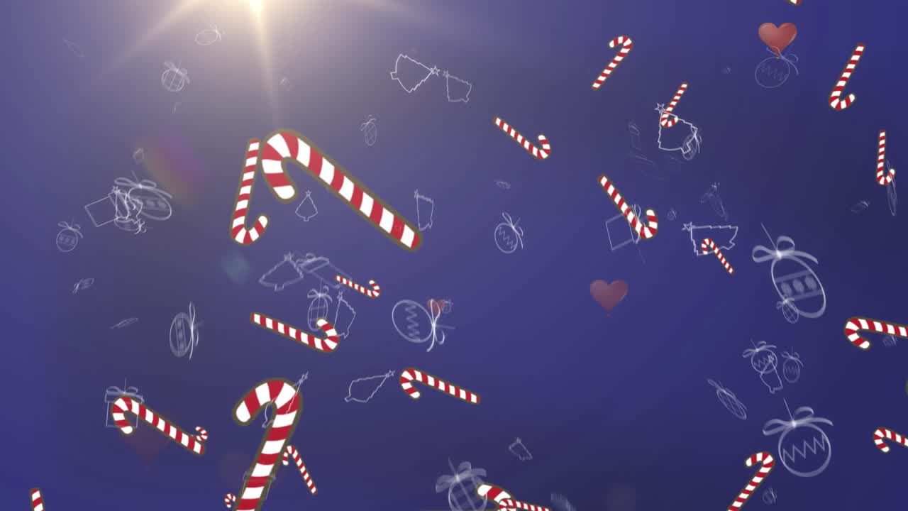 Multiple candy cane and christmas concept icons falling against spot of light on blue background