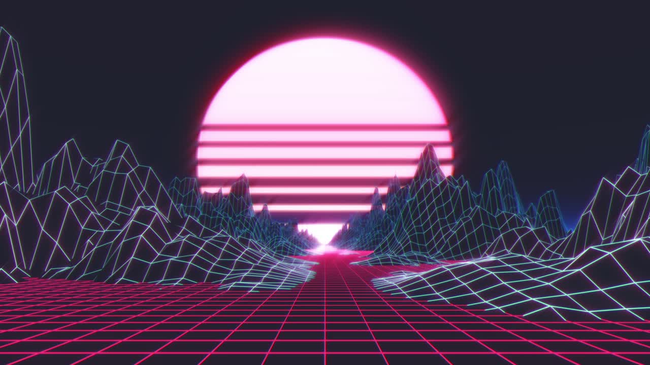 Loop Retro futuristic background footage 1980s style. Digital landscape in a cyber world