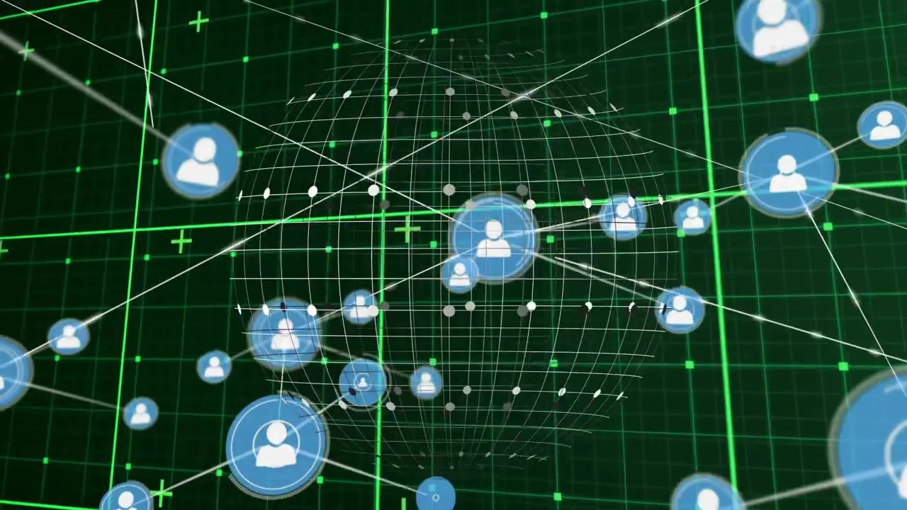 Green grid opening, sphere forming, avatar icons emerging, connecting, showing network growth