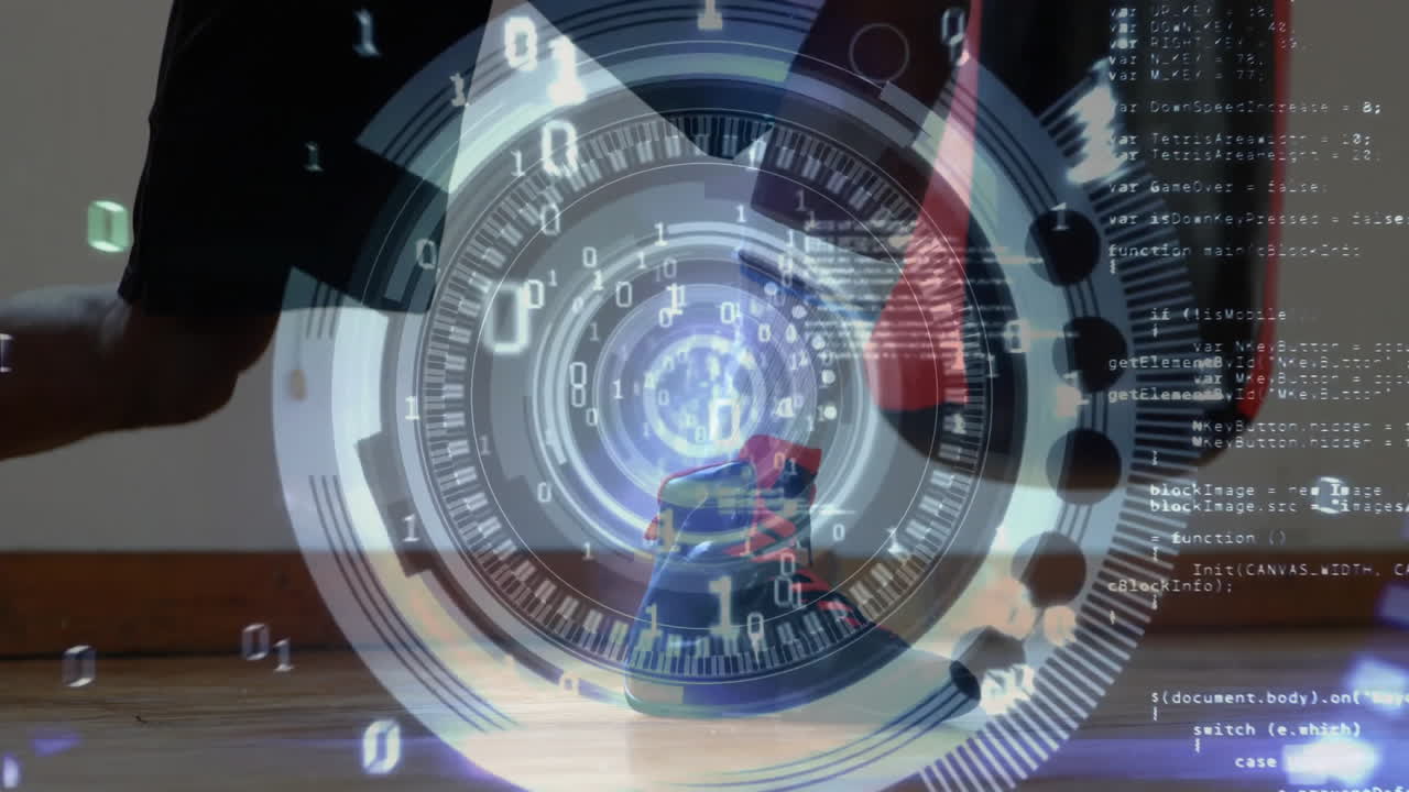 Man stepping sneaker on wooden floor while tech HUD overlay displaying binary circles and data