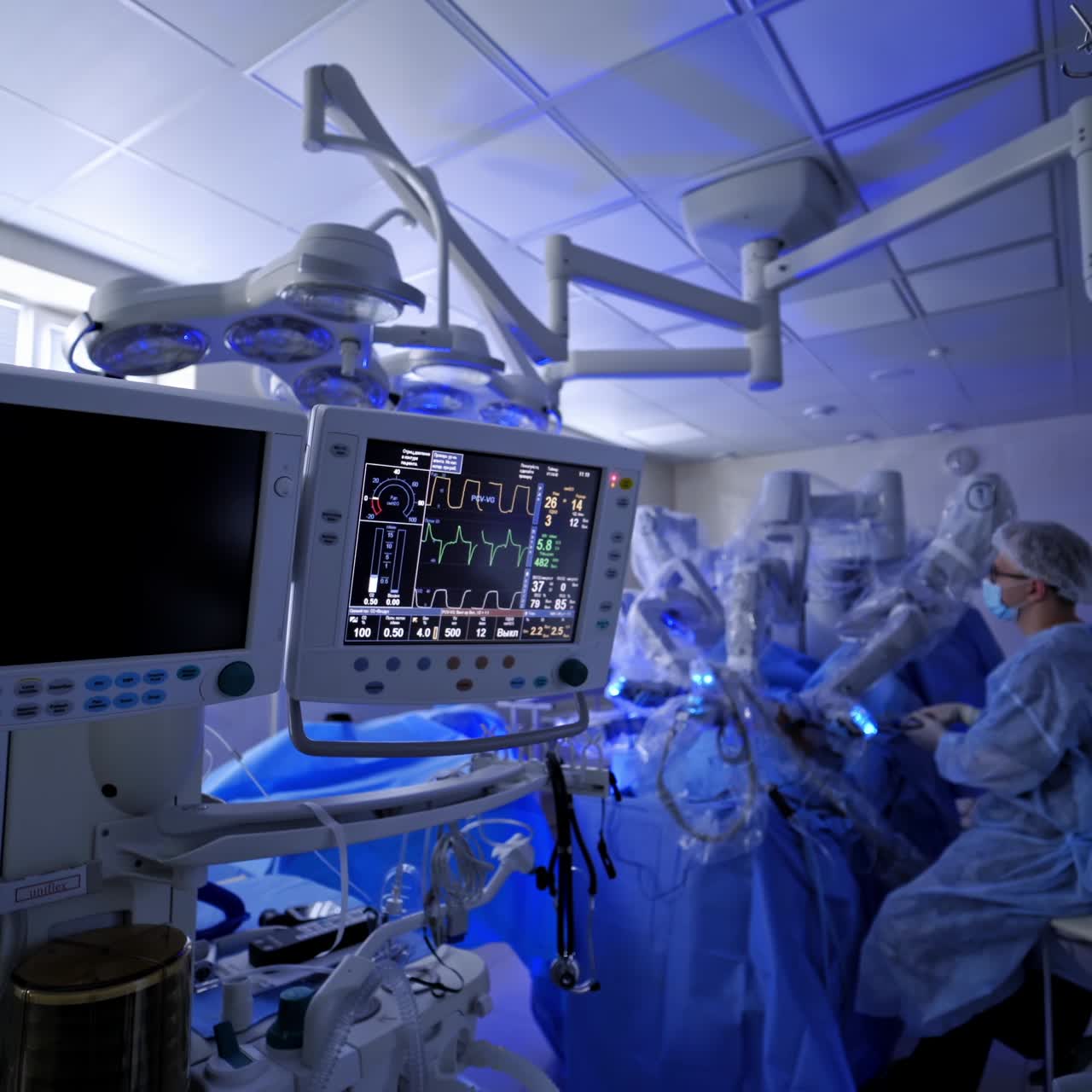 Modern surgical system. Medical robot. Minimally invasive robotic surgery. Da Vinci Surgery.