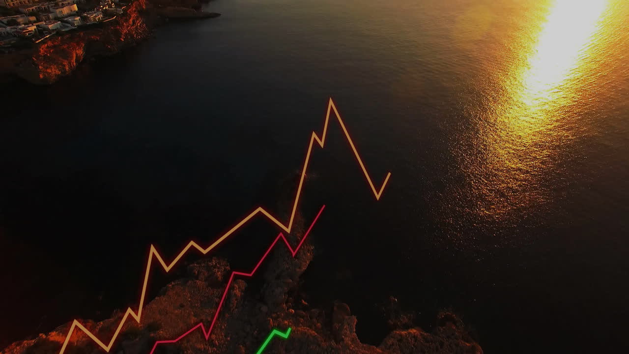 Animation of colorful line graphs overlaying coastal landscape during ...