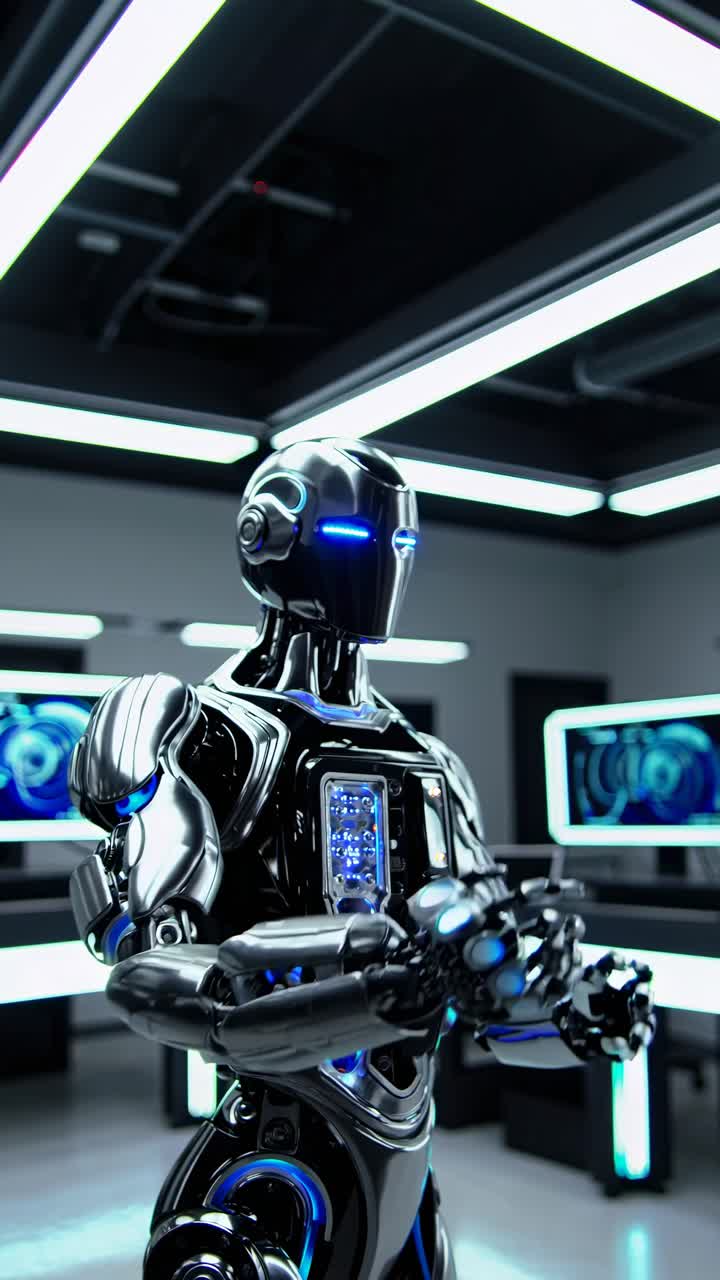 Futuristic robot in a lab setting, captured from a low-angle, showcasing sleek design and glowing