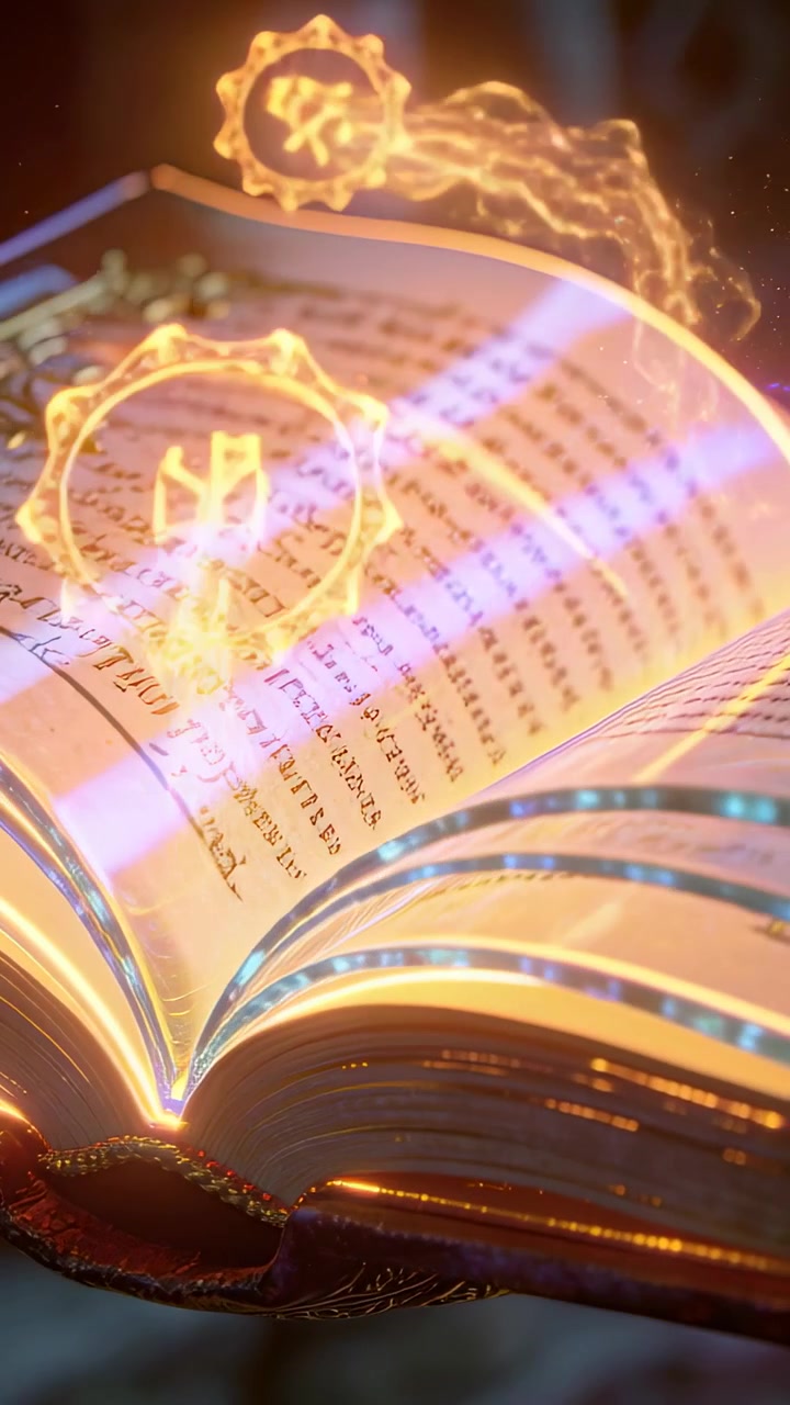 Vertical video: Soft warm glow sparking open book casting hue trails at dim table with gilded edges