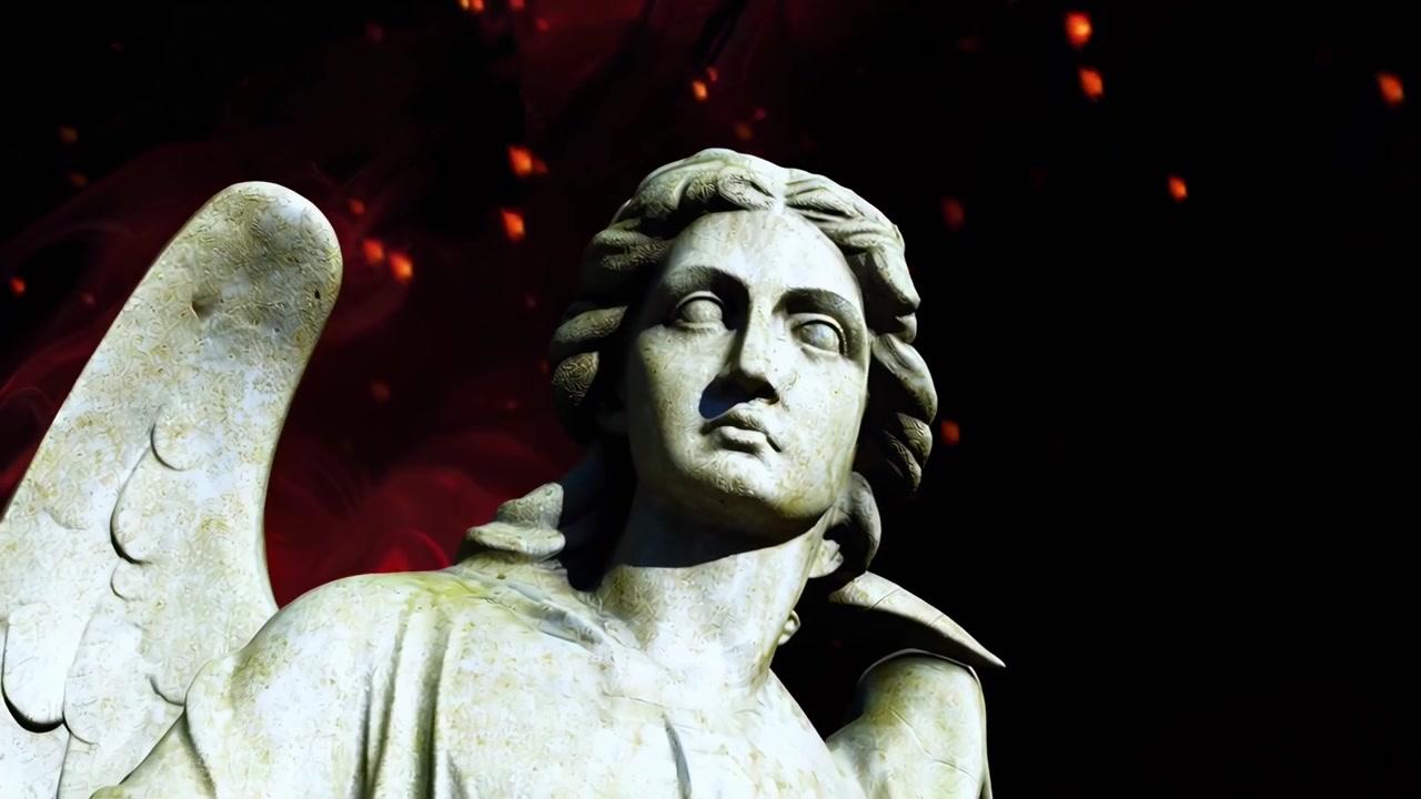 Primo piano di una statua di angelo con fumo rosso e braci ardenti