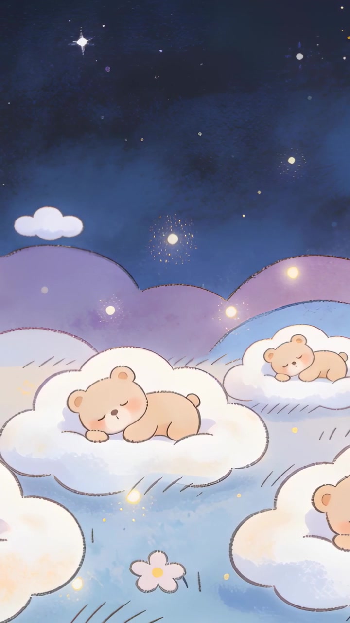 Vertical video: Drifting orbs nudging sleeping teddy bear bobbing on cloud under starry sky