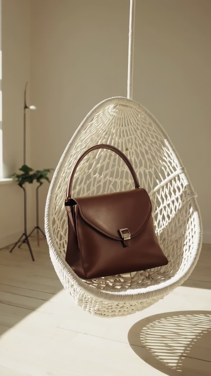 Brown Leather Handbag on Wicker Chair