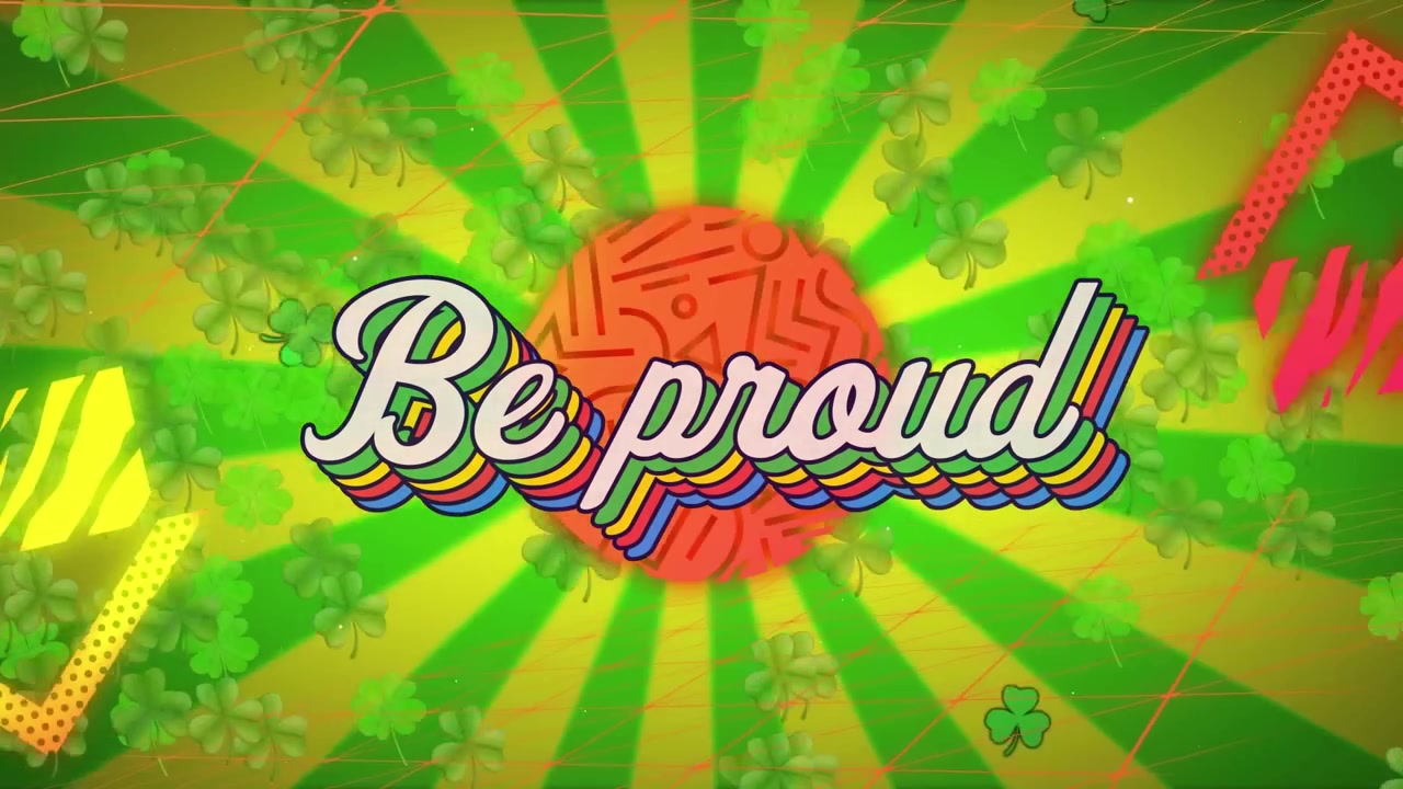 Animazione di un banner con la scritta "sii orgoglioso" e forme astratte su uno sfondo radiale verde.