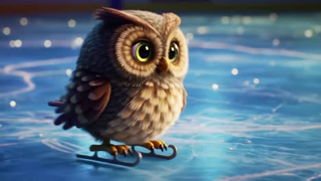charming animated owl skating on ice, showcasing adorable expressions and unique ice skating skills in a vibrant colorful environment with glittering effects