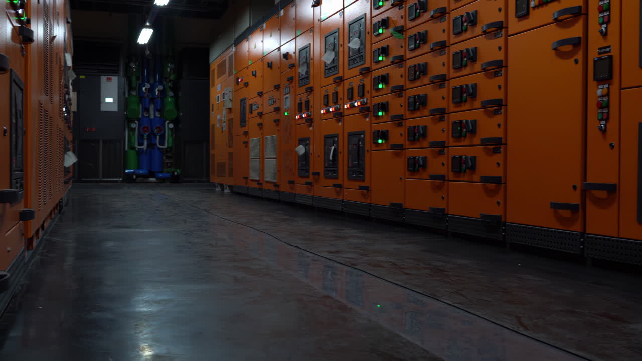 Power Supply of Industrial Data Center with Rows of Yellow Server Cabinets Control Room, High-Tech Power and Data Systems, Efficiency in Manufacturing and Energy Management