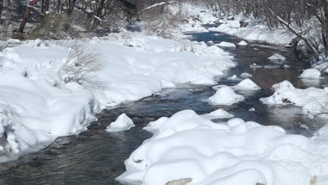 Sinuoso-Río-De-Montaña-En-Un-Bosque-Cubierto-De-Nieve-En-Invierno