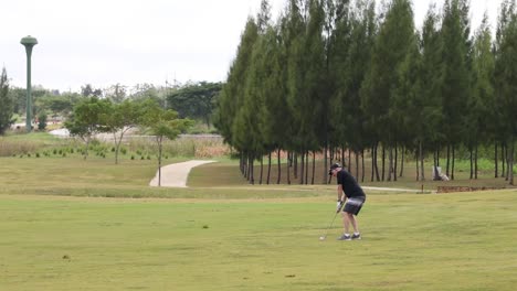 a golfer focuses on perfecting their swing amidst a serene golf course setting with lush greenery.