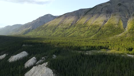 Drone-flying-over-the-valley-of-Mineral-Lick-area-in-Northern-Rocky-Mountains,-British-Columbia,-Canada