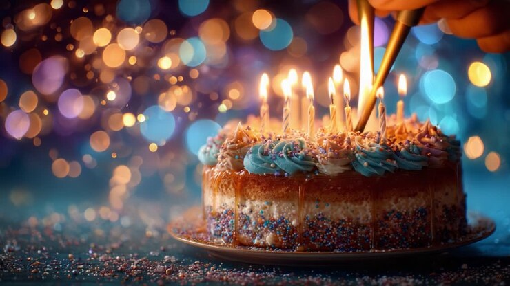 Una deliziosa torta di compleanno decorata con glassa colorata e candeline luminose illumina la scena, creando un'atmosfera festosa con uno sfondo bokeh scintillante