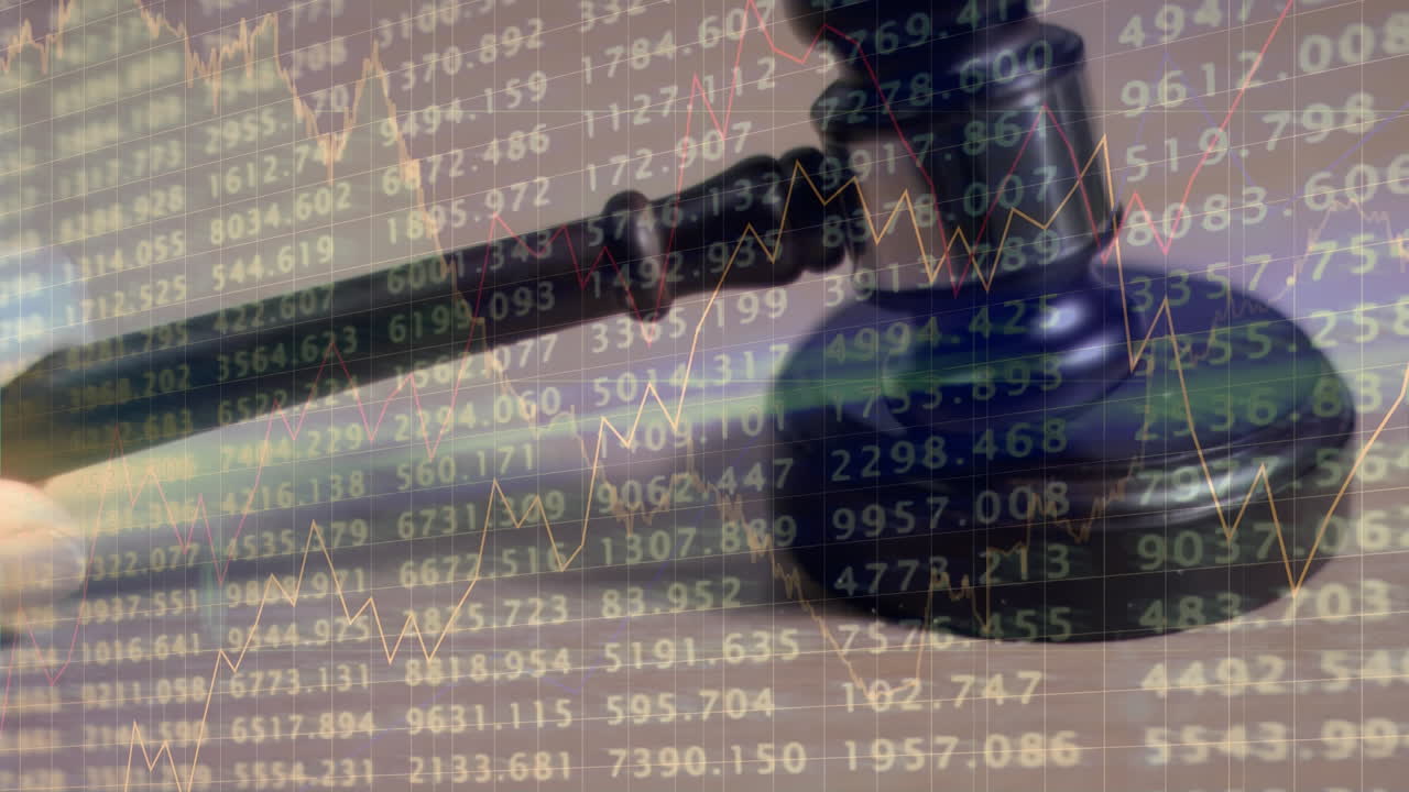 Animation of statistics and financial data processing over auctioneer's hammer