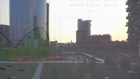 Composite-video-of-statistical-data-processing-against-aerial-view-of-cityscape