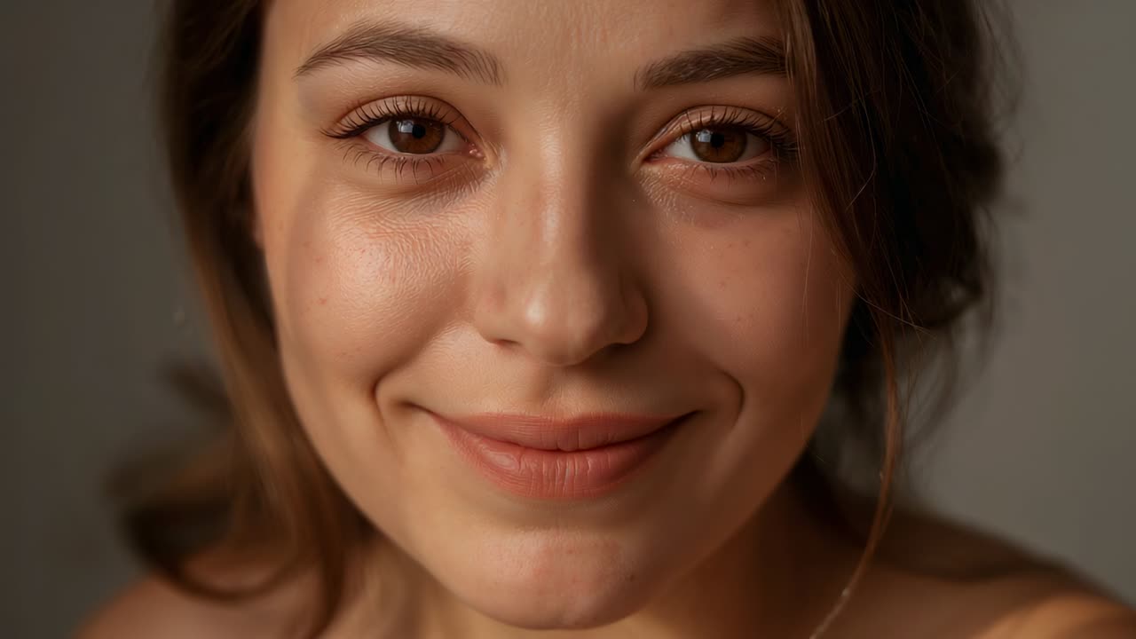 Inizio registrazione di una donna che sostiene lo sguardo, sorridente con top senza spalline in studio, sottile collana a catena