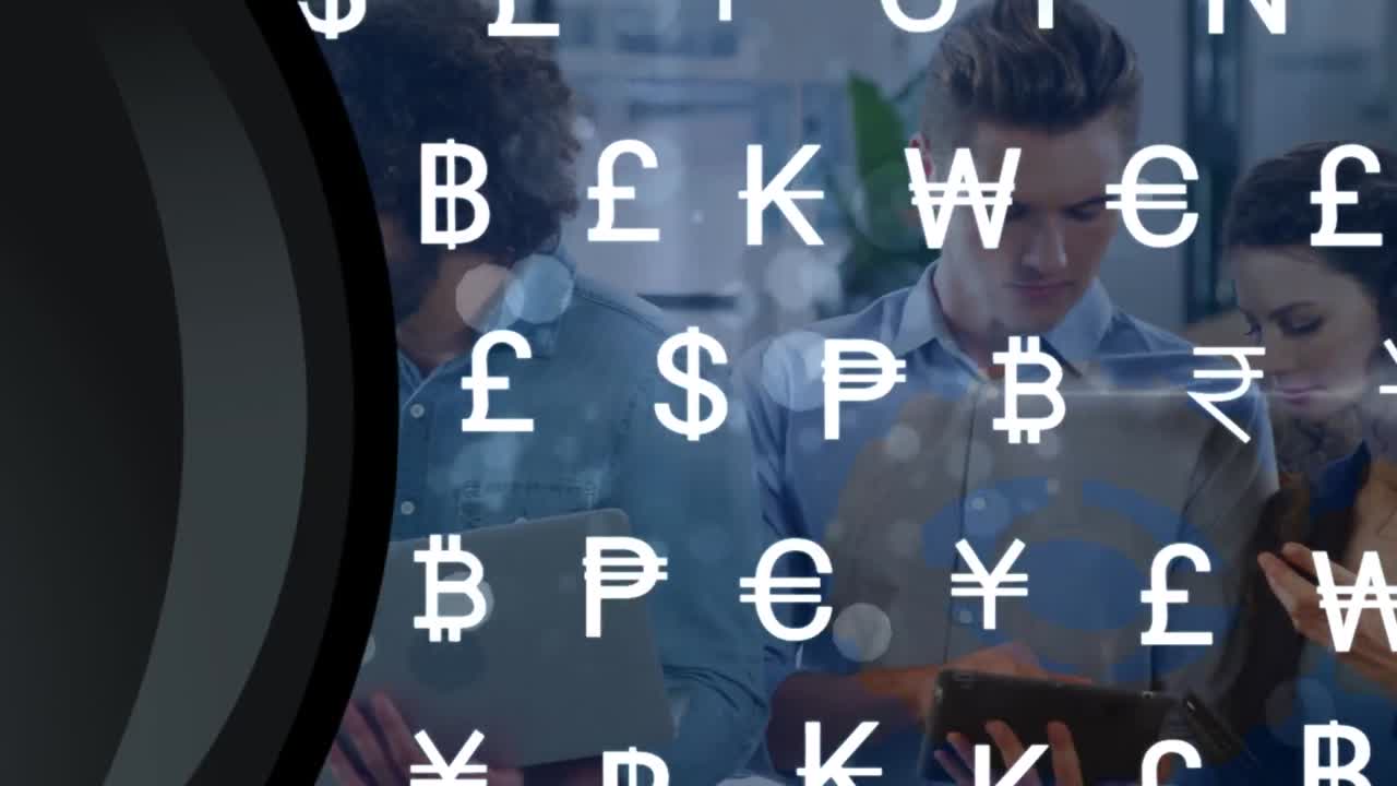 떨어지는 통화의 애니메이션은 다양한 사람들의 그룹을 노래합니다.