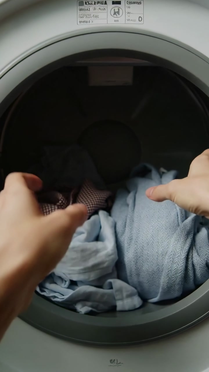 Vertical video: Reaching arm, hands opening washer door, pressing clothes to fit drum at home