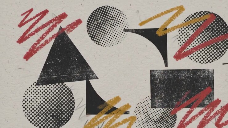Grunge Geometric Shapes With Scribble Overlays, Black Triangles And Distressed Rectangles Meet Halftone
