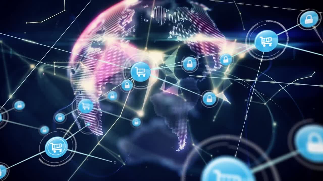 animación de la red de conexiones con iconos en todo el mundo con puntos brillantes