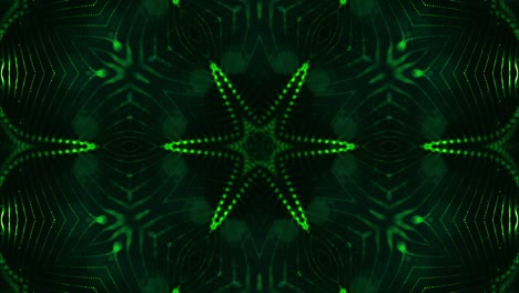 4k looped sci-fi 3d fondo con partículas verdes brillantes forman líneas, superficies, patrones, estructuras de caleidoscopio. abstracción estructuras de puntos simétricos de microworld en movimiento. 22