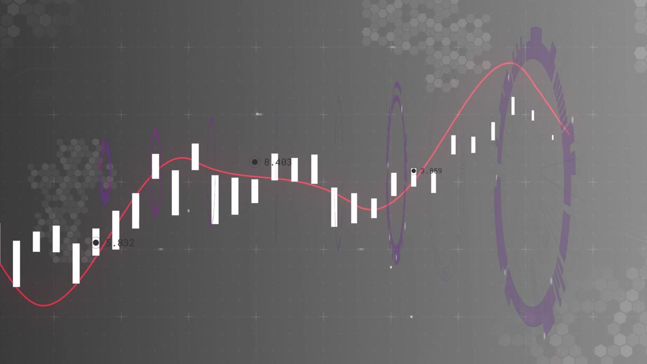 Incoming data initiating candles scrolling, red line swaying, purple rings pulsing in financial HUD