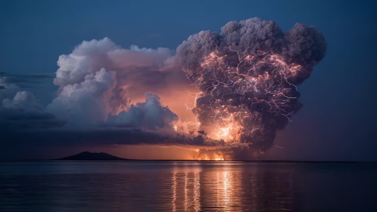 A breathtaking display of nature's power as a volcanic eruption sends plumes of ash and lightning illuminating the sky, creating a mesmerizing spectacle over the ocean landscape