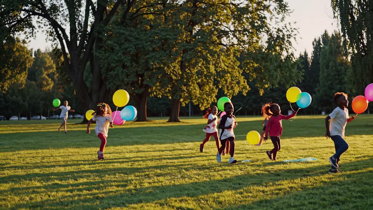Kids Running with Balloons in a Park