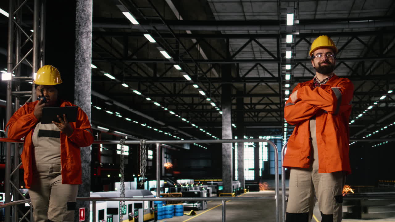 Ritratto di personale con casco e occhiali di sicurezza che esamina un progetto industriale.