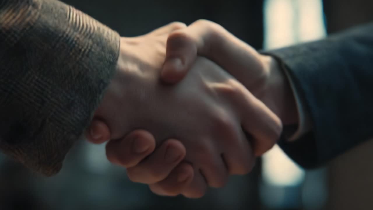 Two businessmen in formal suits shaking hands firmly, sealing a deal and symbolizing a successful agreement, partnership, and professional trust between corporate partners in an office setting