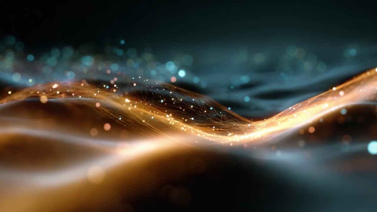 En himmelsk rejse gennem et strålende hav af svajende bølger og glimtende lys, der viser fantastiske visuelle effekter i bevægelse og flydende form