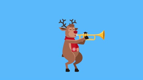 dibujos animados de navidad ciervo plano personaje música tocando trompeta animación. incluye luma matte
