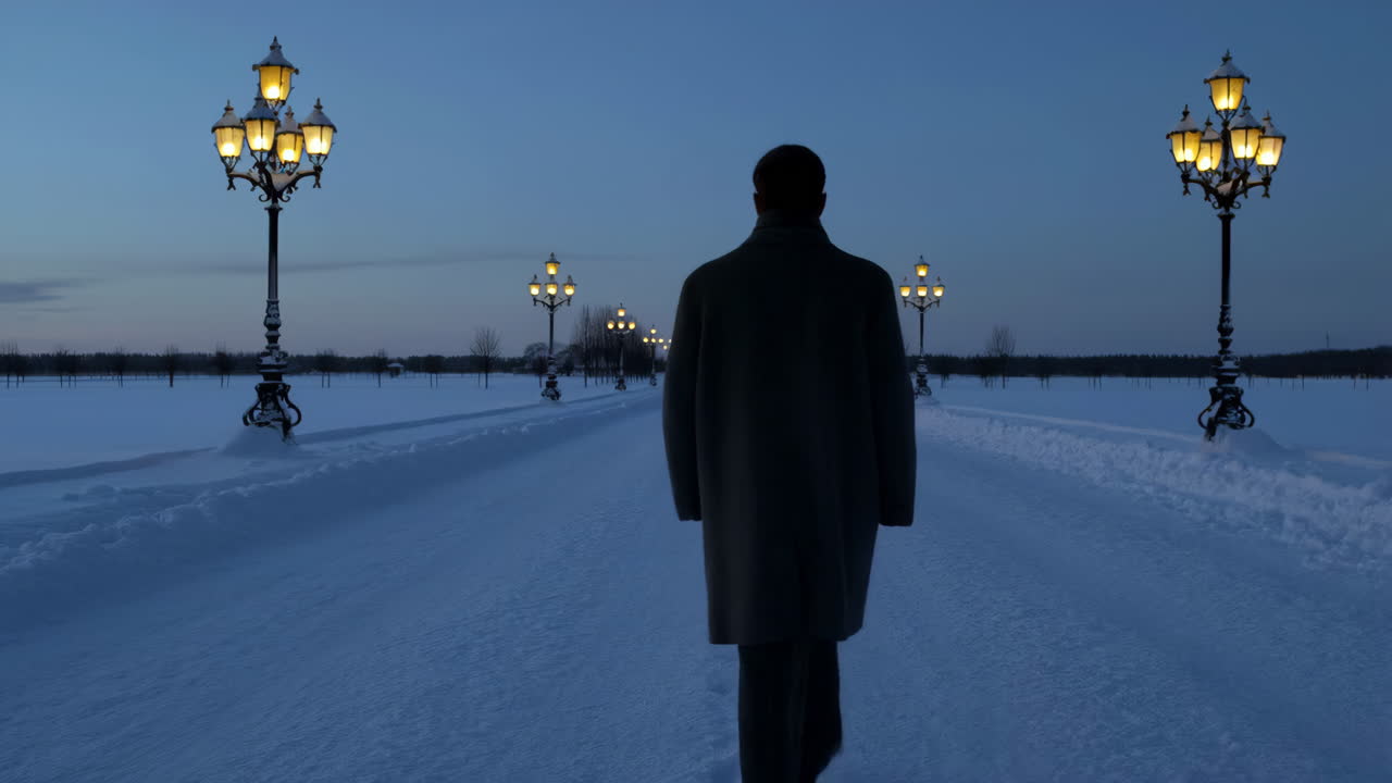 A person walks down a snow-covered path lined with illuminated streetlights at dusk