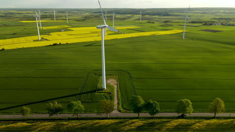 Aerial-drone-slowly-tilting-up-from-countryside-road-to-big-Wind-Power-Farm-located-in-Lebcz-village,-Puke-district,-Poland