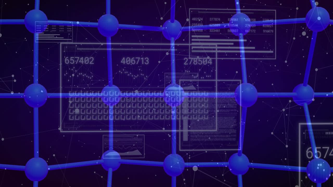 Opening on blue lattice panels fading with stats updating as network rotating visualizing live data