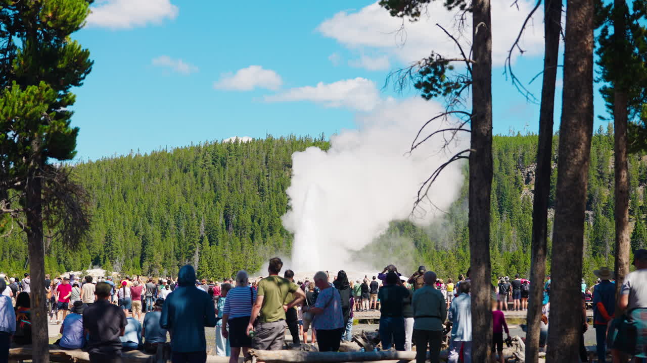 A crowd of tourists watching a geyser erupt in Yellowstone National Park