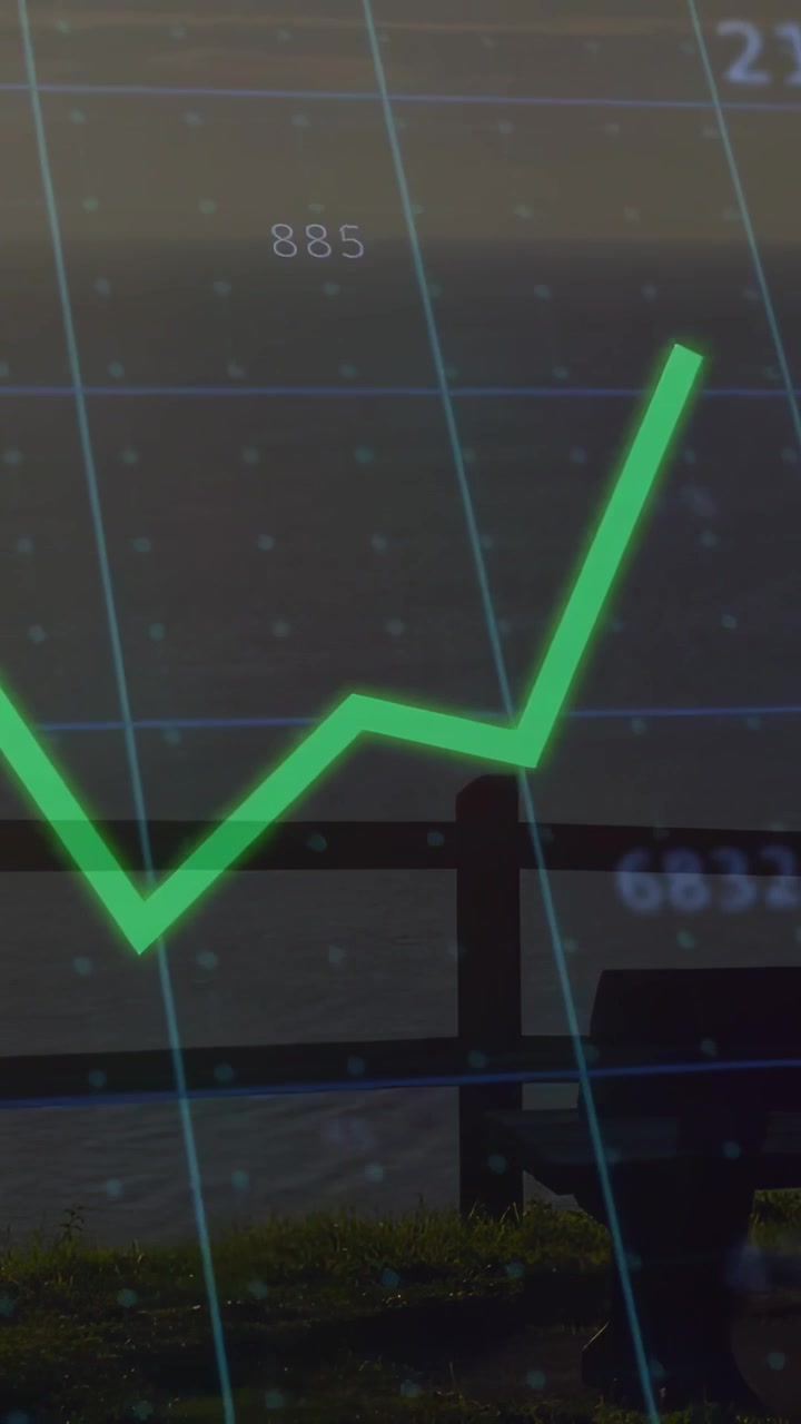 Un flusso di dati si avvia, alimentando un grafico a linee verde che cresce su una ringhiera e una panchina, visualizzando dati finanziari.