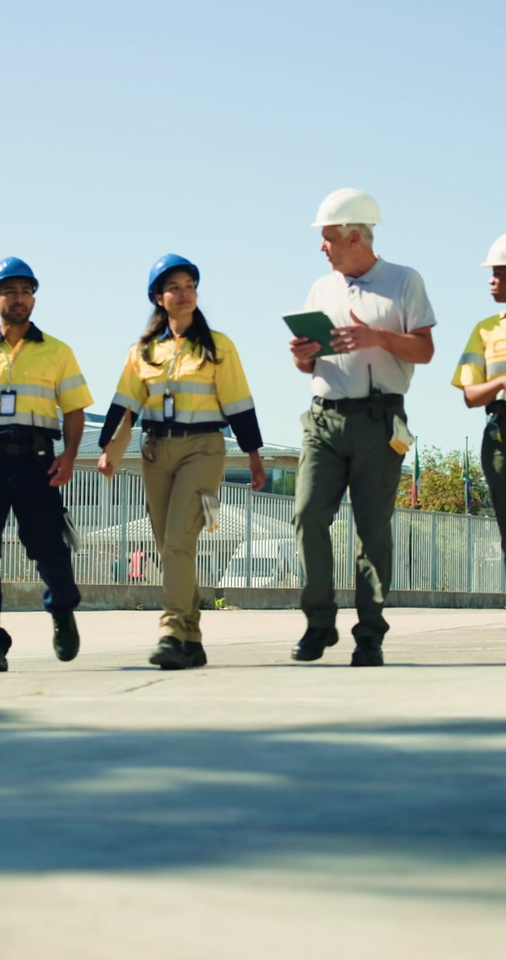 Diverse Team of Industrial Workers Walking and Discussing Project Outdoors