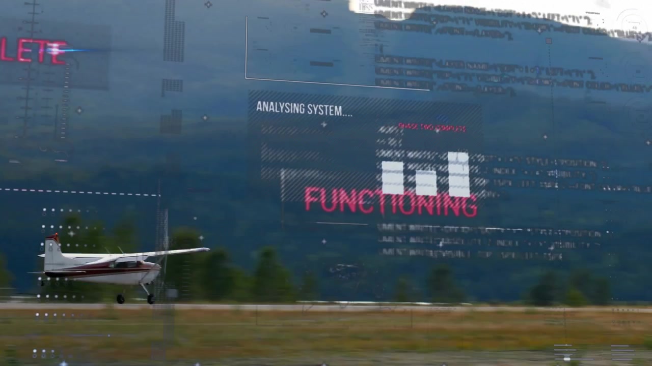 Propeller plane taxiing on valley runway triggers HUD fading data updating system confirming health