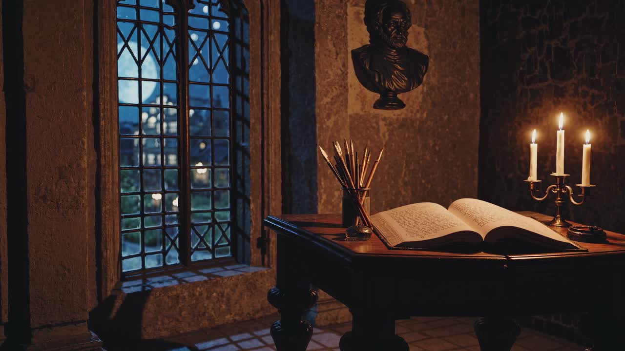 Moody video scene of a medieval study with an open book and candlelight on a wooden table