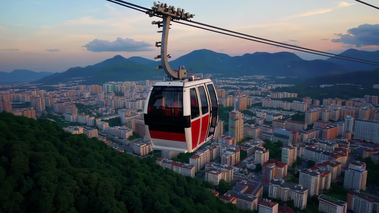 Cable Car Ride Over Cityscape with Mountain View