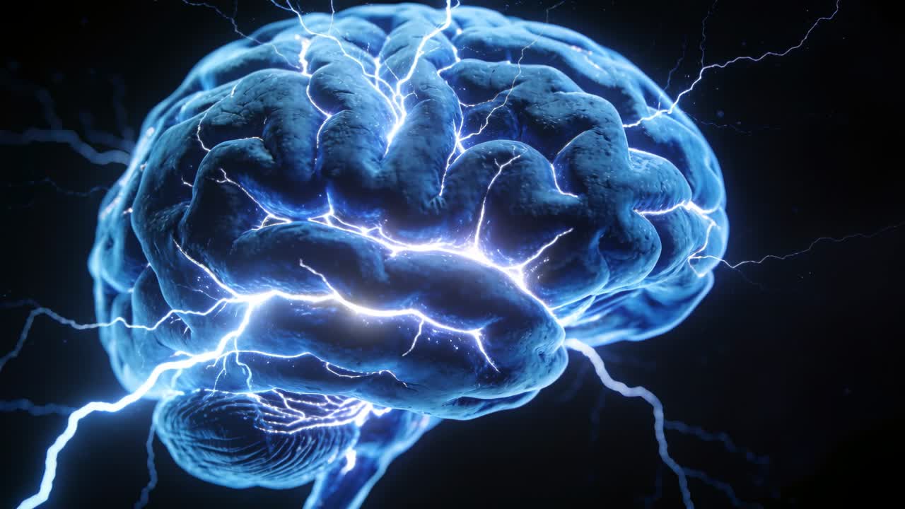 Pulsing 3D brain sending neon arcs in dark studio, glowing fissures driven by rising neural pulses