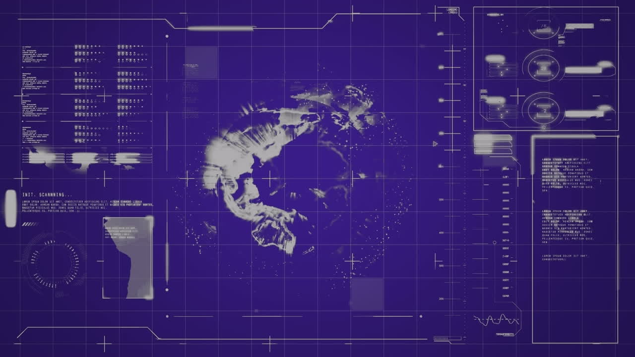 Animation of interface with data processing over spinning globe against blue background