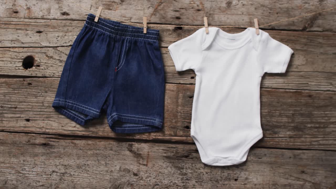 Video of baby grow and denim shorts hanging on clothes pegs with copy space on wooden background